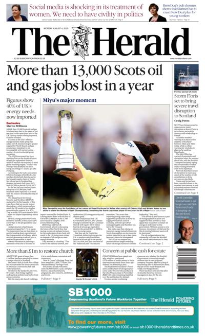 The Herald Newspaper Front Page (UK) for 4 August 2025
