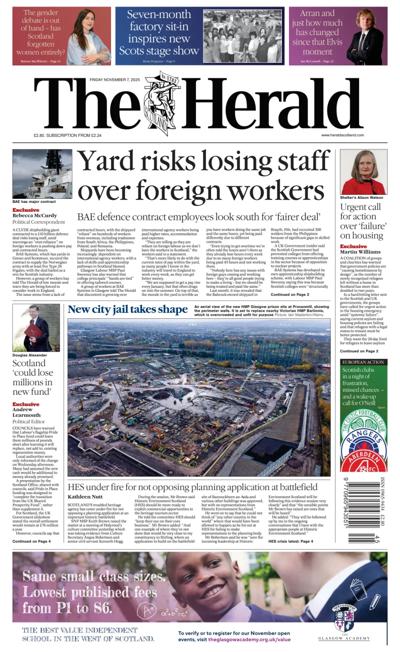 The Herald Newspaper Front Page (UK) for 7 November 2025