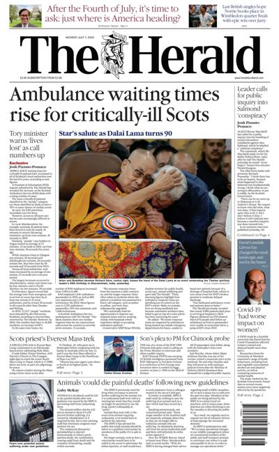 The Herald Newspaper Front Page (UK) for 7 July 2025