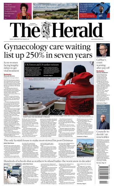 The Herald Newspaper Front Page (UK) for 8 January 2026