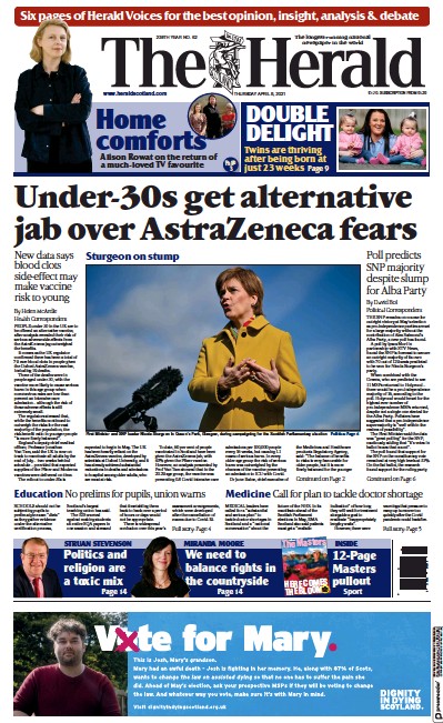 The Herald Newspaper Front Page (UK) for 8 April 2021