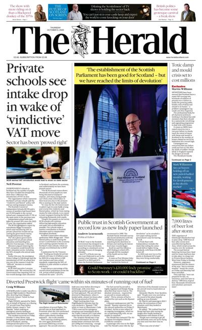 The Herald Newspaper Front Page (UK) for 9 October 2025