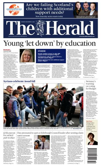 The Herald Newspaper Front Page (UK) for 9 December 2024