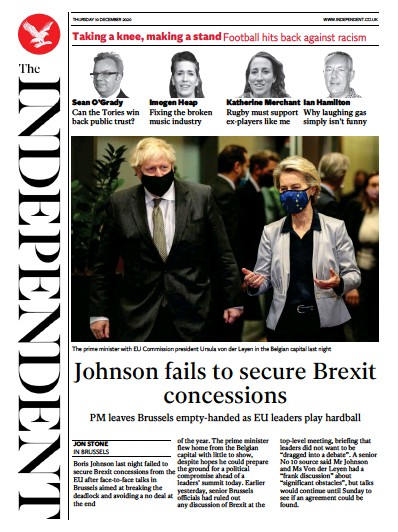 The Independent Newspaper Front Page (UK) for 10 December 2020