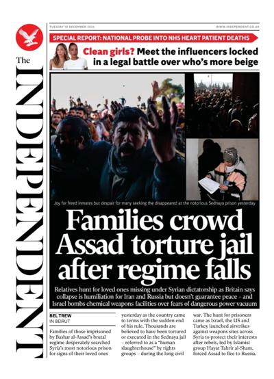 The Independent Newspaper Front Page (UK) for 10 December 2024