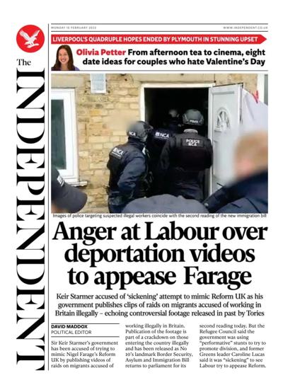 The Independent Newspaper Front Page (UK) for 10 February 2025