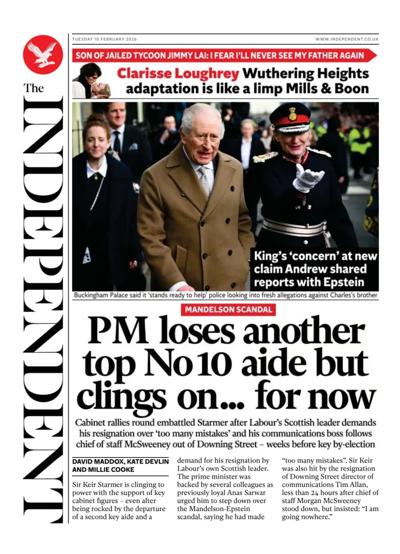 The Independent Newspaper Front Page (UK) for 10 February 2026
