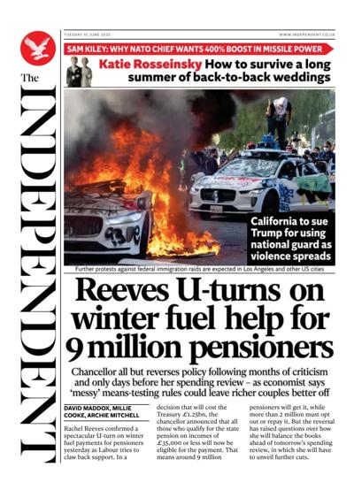 The Independent Newspaper Front Page (UK) for 10 June 2025