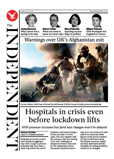 The Independent Newspaper Front Page (UK) for 10 July 2021