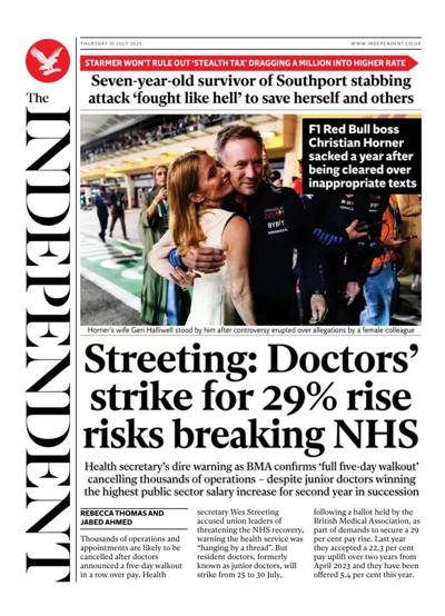 The Independent Newspaper Front Page (UK) for 10 July 2025