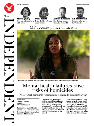 The Independent Newspaper Front Page (UK) for 10 August 2020