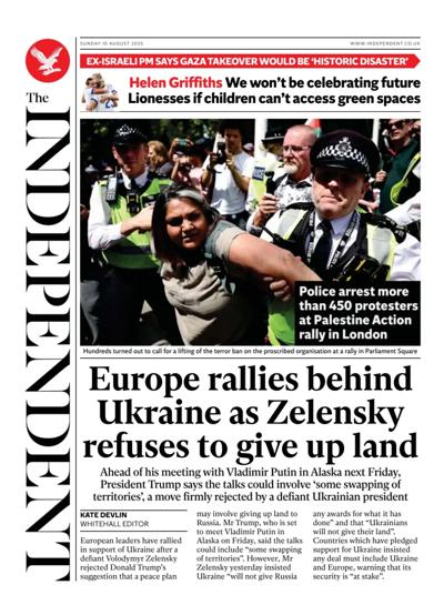 The Independent Newspaper Front Page (UK) for 10 August 2025