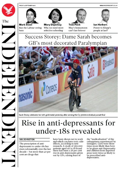 The Independent Newspaper Front Page (UK) for 10 September 2016