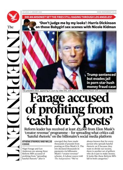 The Independent Newspaper Front Page (UK) for 11 January 2025