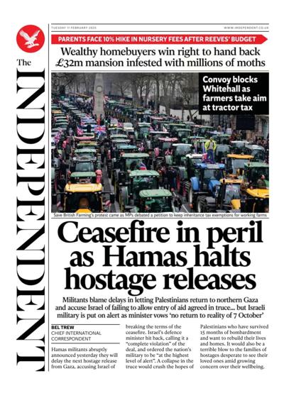 The Independent Newspaper Front Page (UK) for 11 February 2025