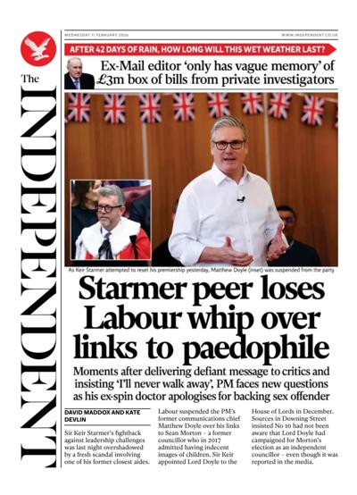 The Independent Newspaper Front Page (UK) for 11 February 2026