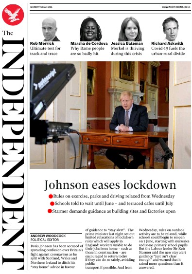 The Independent Newspaper Front Page (UK) for 11 May 2020