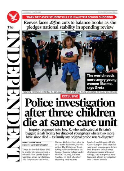 The Independent Newspaper Front Page (UK) for 11 June 2025