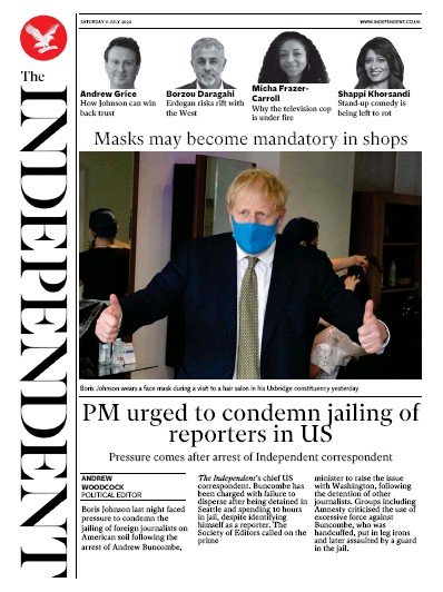 The Independent Newspaper Front Page (UK) for 11 July 2020