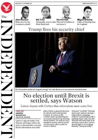 The Independent Newspaper Front Page (UK) for 11 September 2019