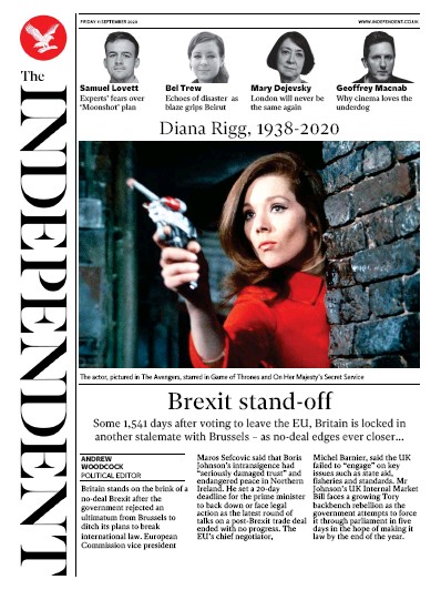 The Independent Newspaper Front Page (UK) for 11 September 2020