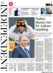 The Independent (UK) Newspaper Front Page for 12 October 2015