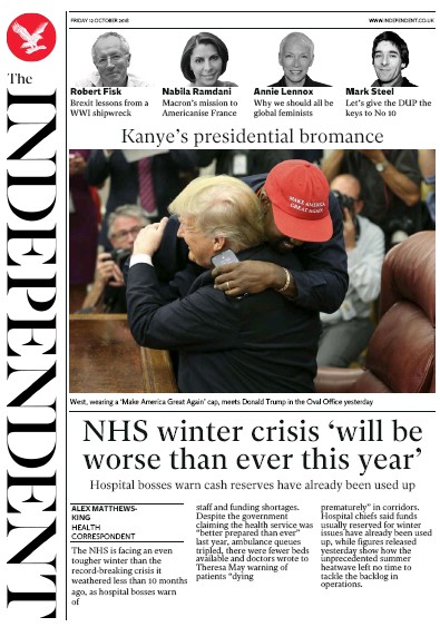 The Independent Newspaper Front Page (UK) for 12 October 2018