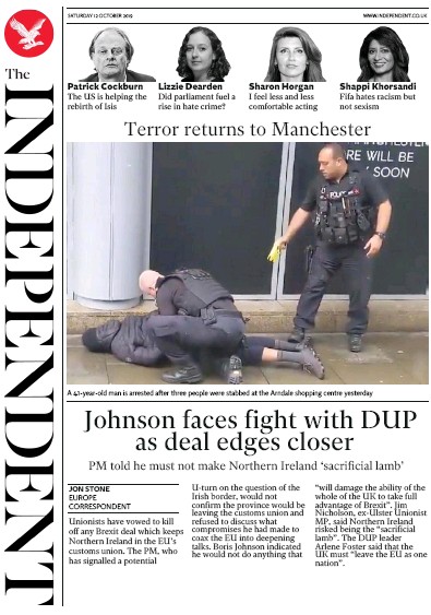 The Independent Newspaper Front Page (UK) for 12 October 2019