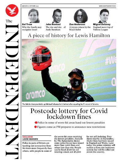 The Independent Newspaper Front Page (UK) for 12 October 2020