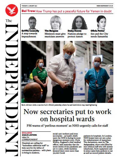 The Independent Newspaper Front Page (UK) for 12 January 2021