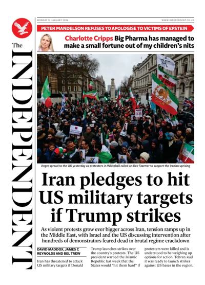 The Independent Newspaper Front Page (UK) for 12 January 2026