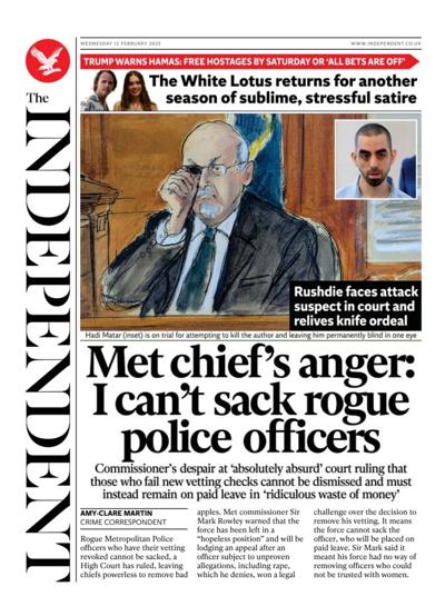 The Independent Newspaper Front Page (UK) for 12 February 2025