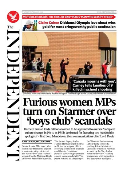 The Independent Newspaper Front Page (UK) for 12 February 2026