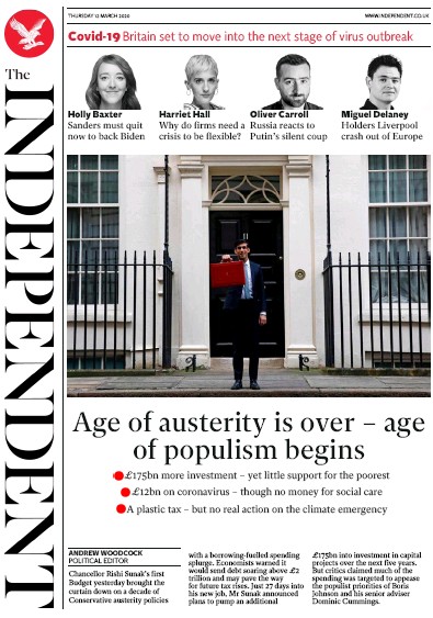 The Independent Newspaper Front Page (UK) for 12 March 2020