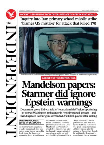 The Independent Newspaper Front Page (UK) for 12 March 2026