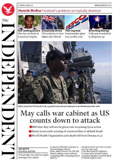 The Independent Newspaper Front Page (UK) for 12 April 2018