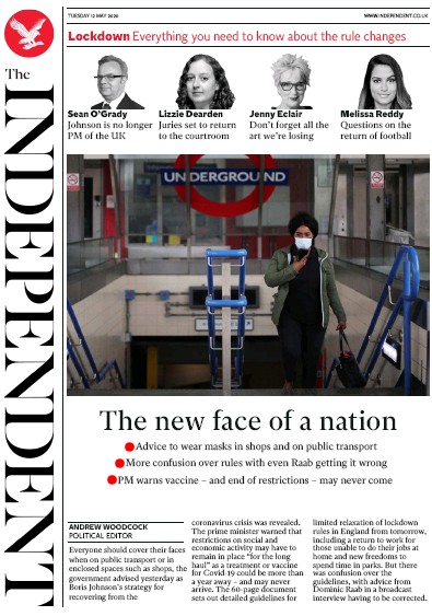 The Independent Newspaper Front Page (UK) for 12 May 2020