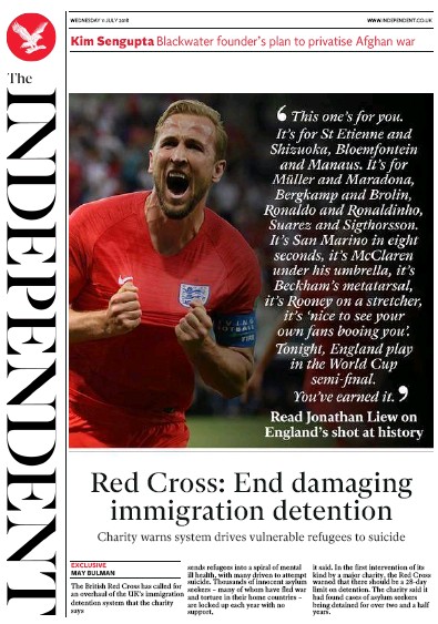 The Independent Newspaper Front Page (UK) for 12 July 2018