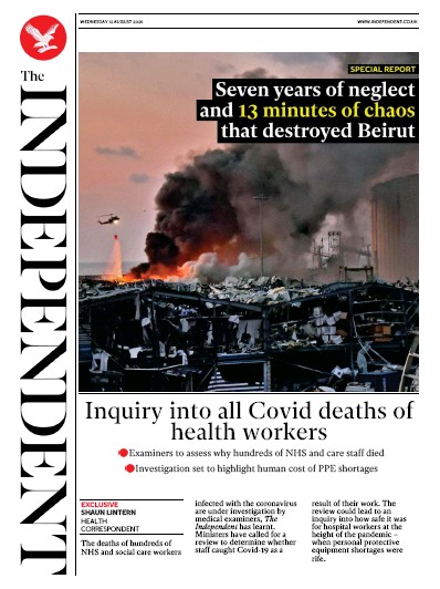 The Independent Newspaper Front Page (UK) for 12 August 2020