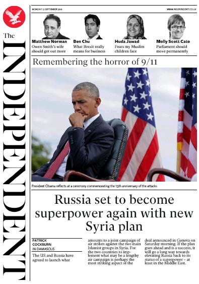 The Independent Newspaper Front Page (UK) for 12 September 2016