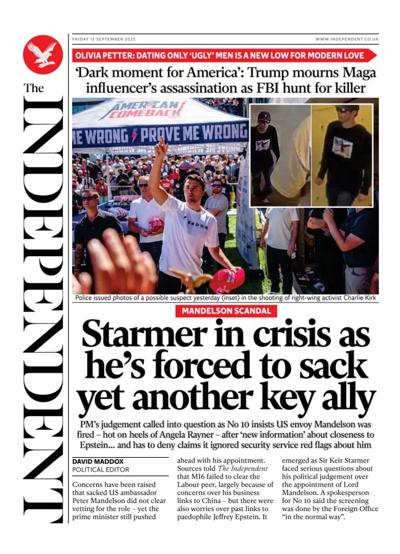 The Independent Newspaper Front Page (UK) for 12 September 2025