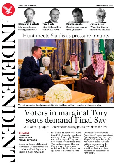 The Independent Newspaper Front Page (UK) for 13 November 2018