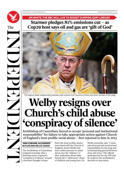 The Independent Newspaper Front Page (UK) for 13 November 2024