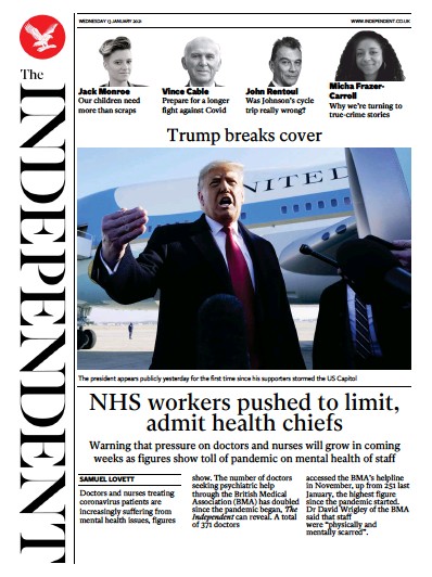 The Independent Newspaper Front Page (UK) for 13 January 2021