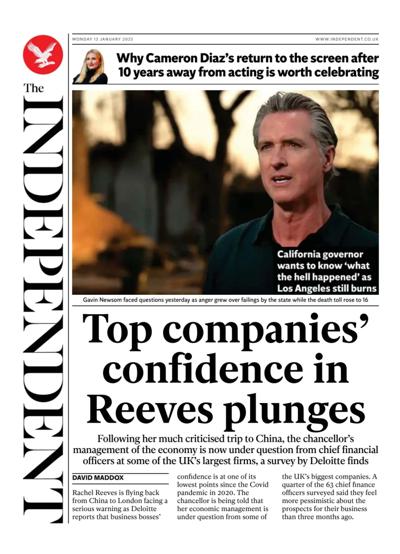 The Independent Newspaper Front Page (UK) for 13 January 2025