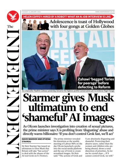 The Independent Newspaper Front Page (UK) for 13 January 2026