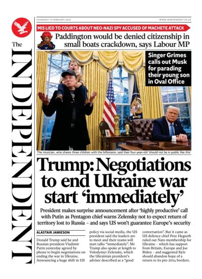 The Independent Newspaper Front Page (UK) for 13 February 2025