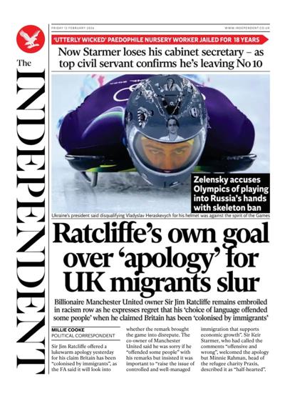 The Independent Newspaper Front Page (UK) for 13 February 2026