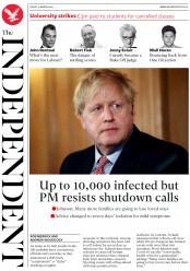 The Independent (UK) Newspaper Front Page for 13 March 2020