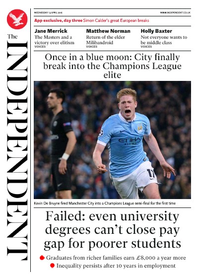 The Independent Newspaper Front Page (UK) for 13 April 2016